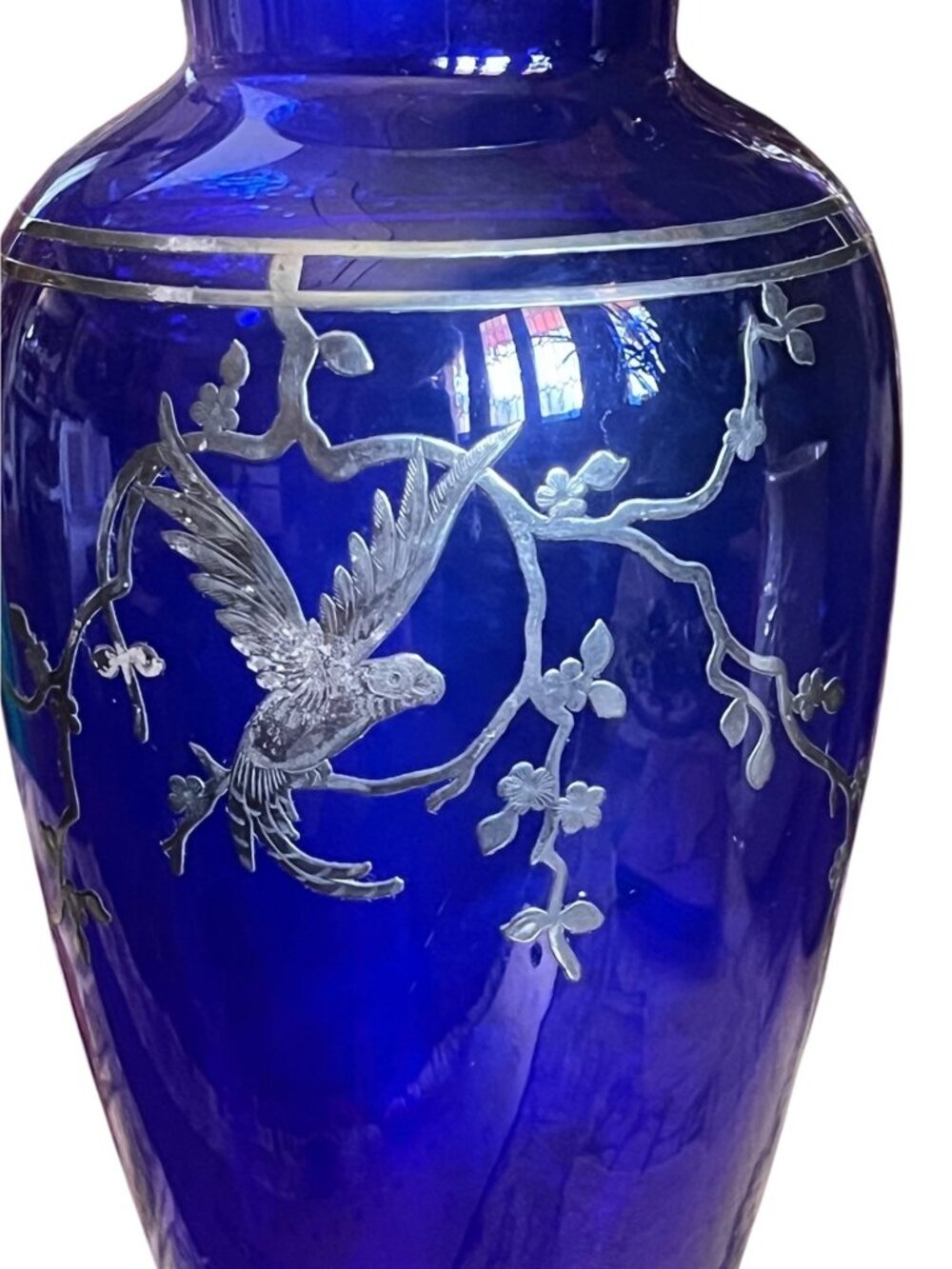Rockwell Silver Overlay Vase Cobalt Blue Glass Antique w/ Parrot Flowering Tree